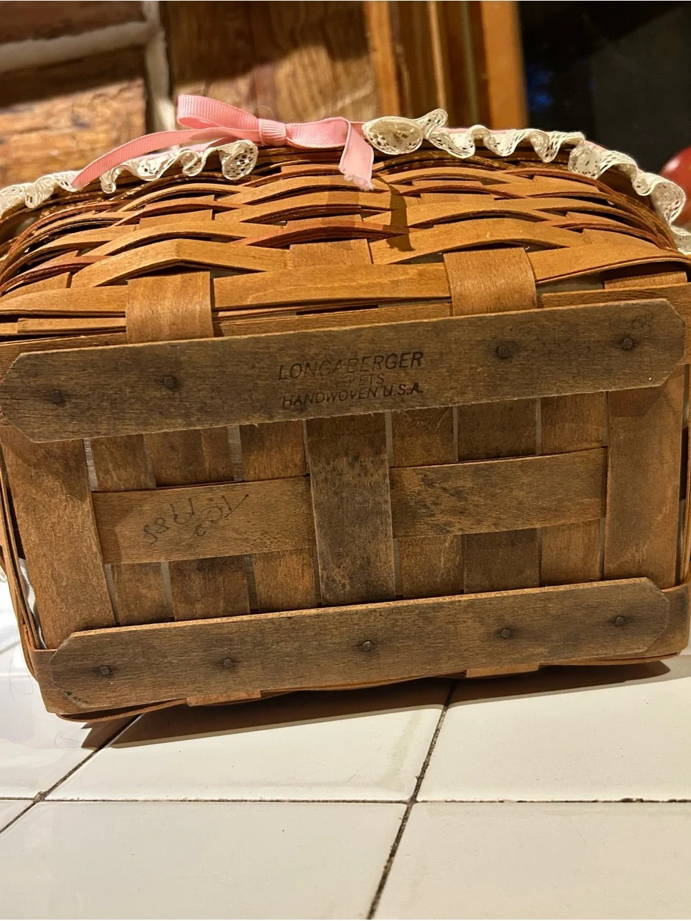 1988 Lonaberger Woven Wood Basket with Cream Liner and Pink Trim